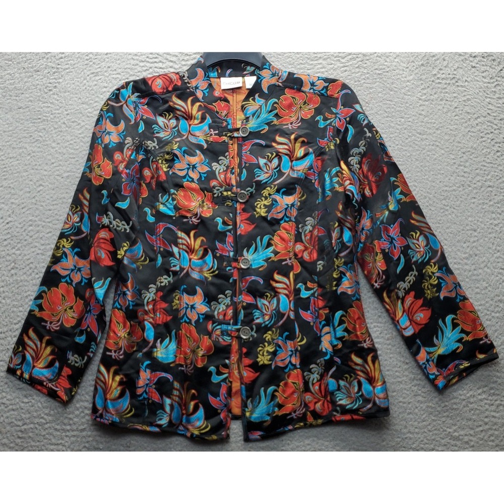 Chico's Jacket Womens Medium Multi Floral Silk Blend Mandarin-Collar Frog-Button